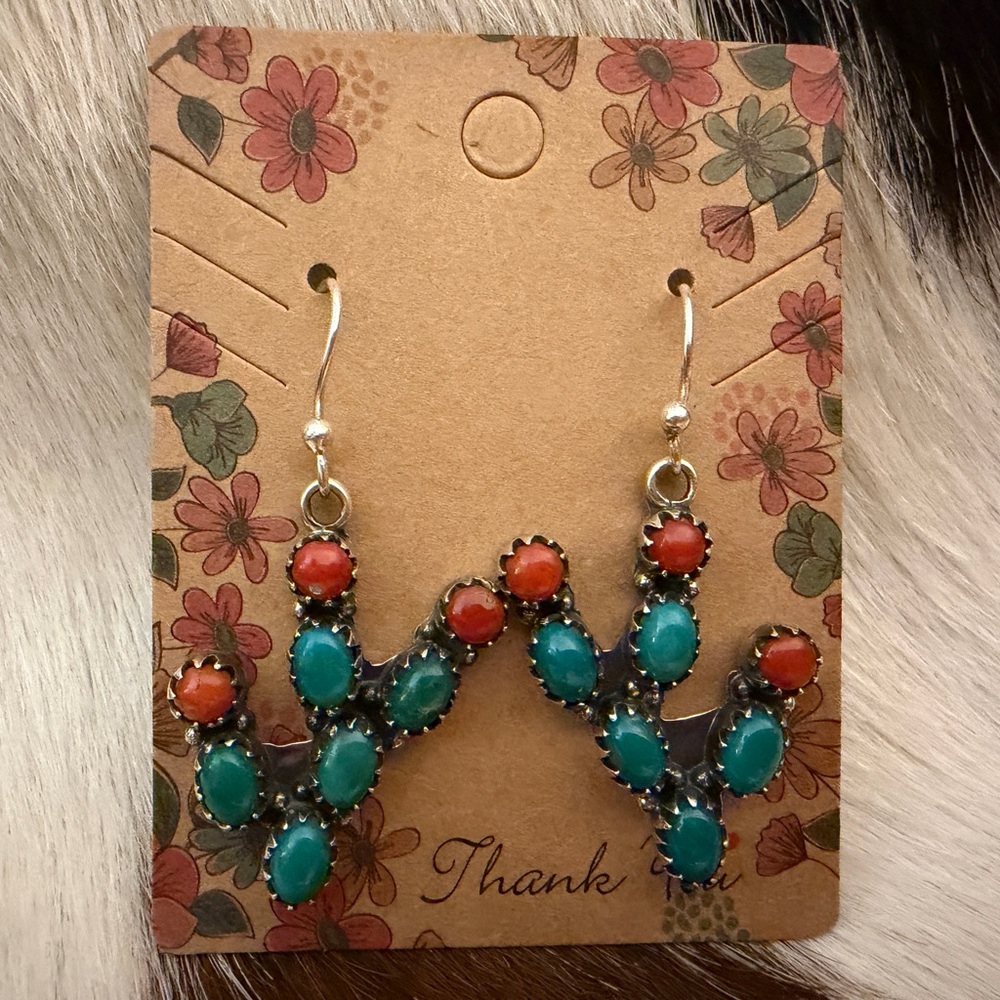 ❤️Kingman Turquoise Italian Coral Prickly Pear Cactus 925 Dangle Earrings 1.70”L - Picture 10 of 14